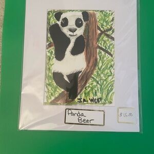Panda Bear Watercolor Painting with Green Foliage
